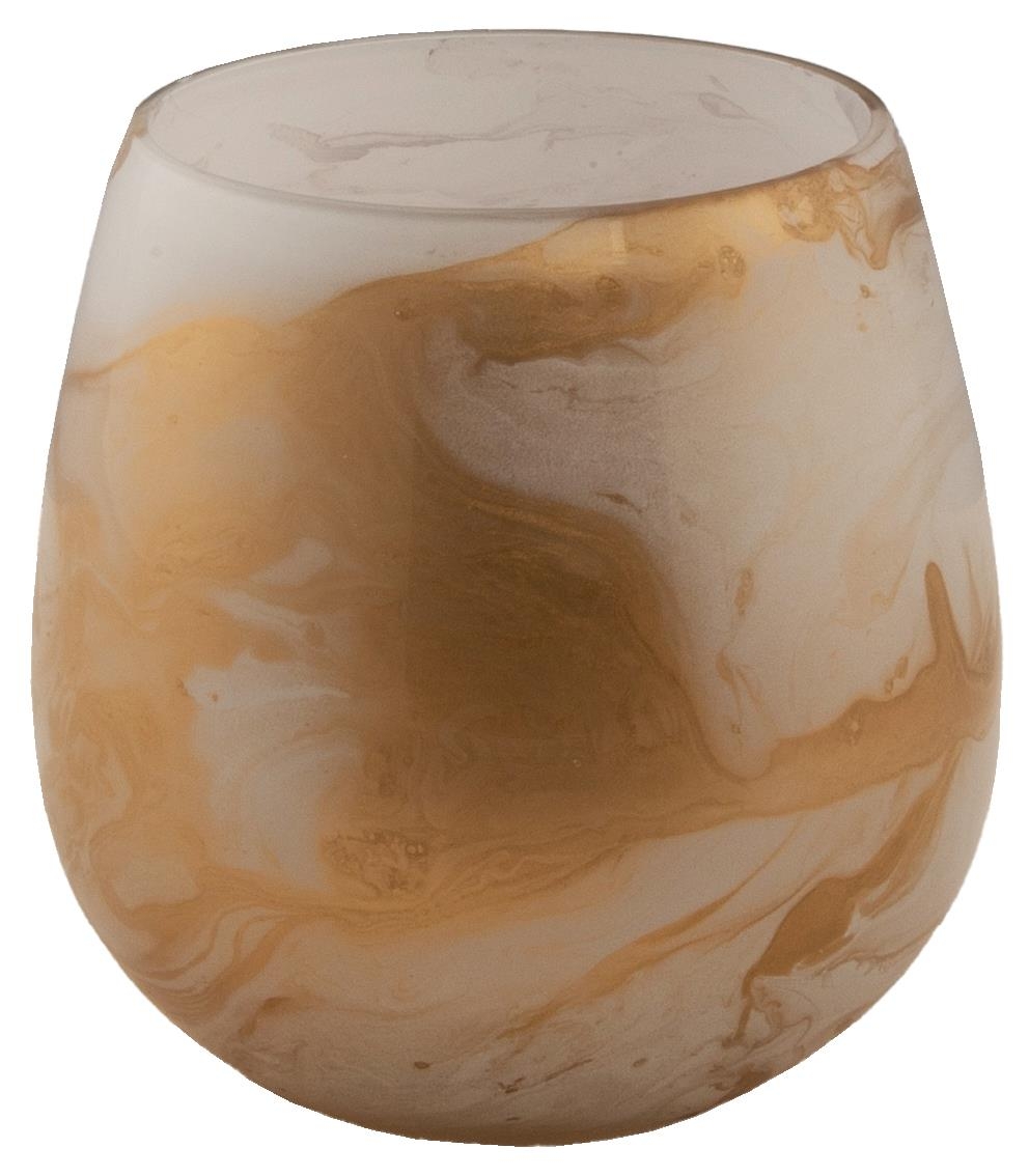 Flott lysglass i et marmorert vakkert mønster. Kan også brukes som vase. Måler 9x9cm.