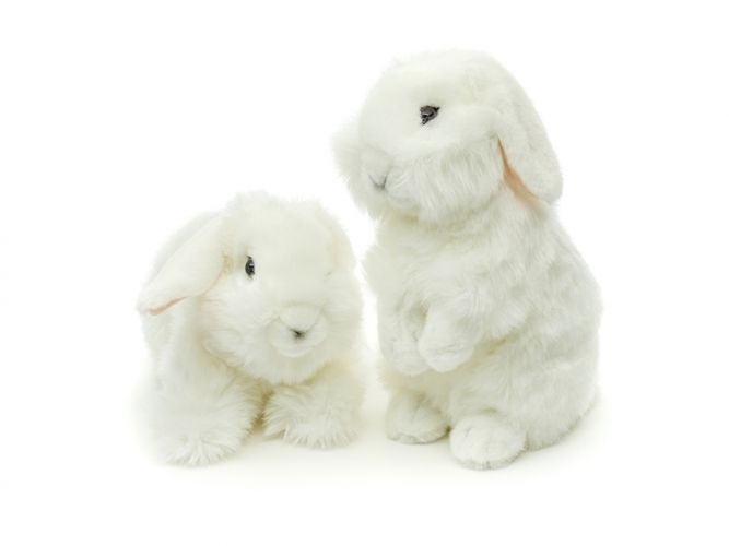 To veldig søte, assorterte hvite kaniner. En sittende og en liggende fra Uni Toys. Selges en og en. 

100 % resirkulert fyll

Måler 22 cm.