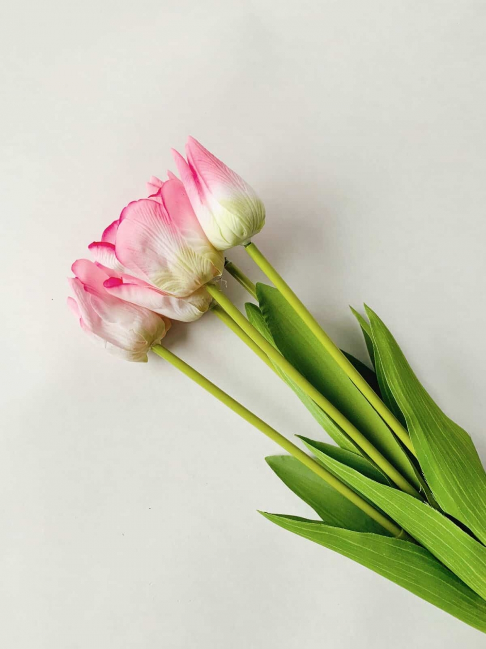 Fem flotte tulipaner med en troverdig look på kronbladene. Kjennes ut som ekte blomsterblader. 