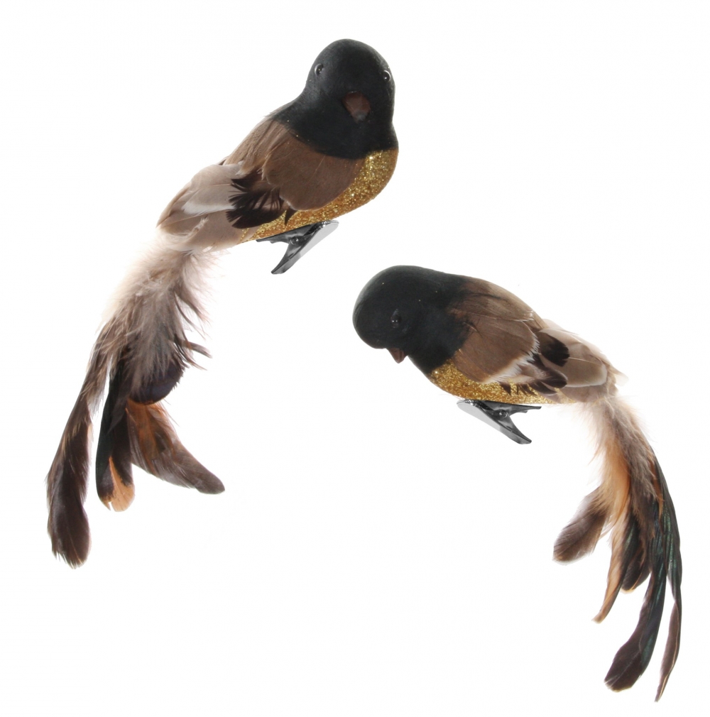Dekorativ fugl med fjær på klype.
Farger: Gull/glitter/brun
Selges en og en.
Mål: 24cm
