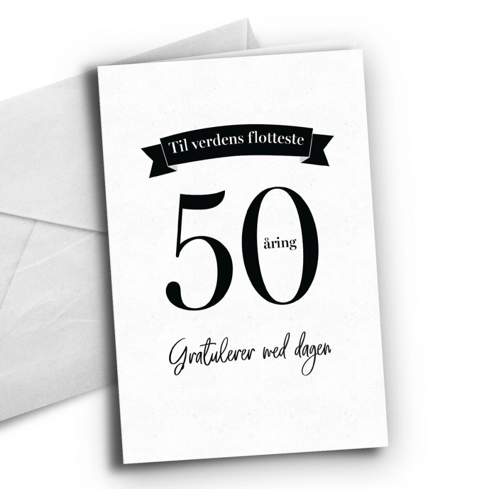 Bursdagskort til 50åringen!

Kortet er dobbelt med hvit innside. Format: 10 X 15 cm. Hvit konvolutt inkludert. 