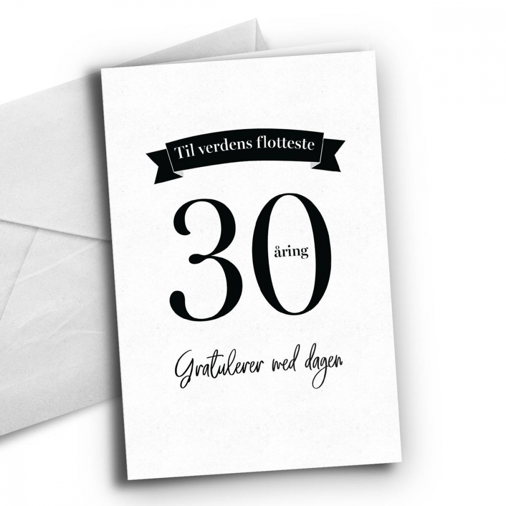 Bursdagskort til 30åringen!

Kortet er dobbelt med hvit innside. Format: 10 X 15 cm. Hvit konvolutt inkludert. 