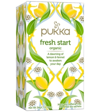 Pukka Fresh Start er en herlig blanding med sitrongress, sitron, basilikum, søt fennikel og koriander, for en frisk, koffeinfri start på dagen! Teen er rensende, hydrerende og gir fordøyelsen en god start. 100% økologisk. Koffeinfri.