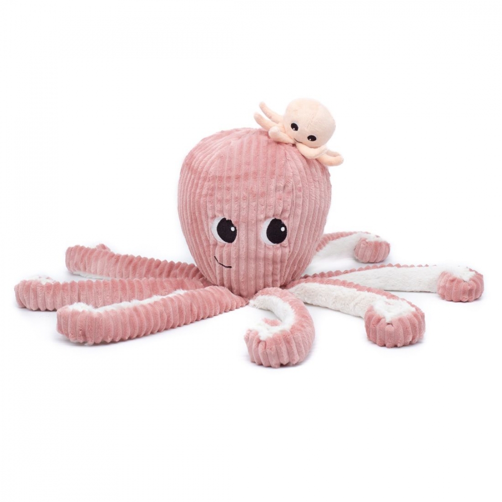 En gigantisk blekksprut på 45 cm og babyen gjemmer seg i en borrelåslomme. Ultra myk plysj. Fylling i resirkulert polyester.

