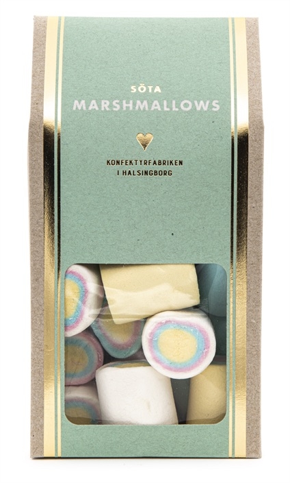 Søte marshmallows med vaniljesmak i luksuriøse og miljøvennlige bokser.